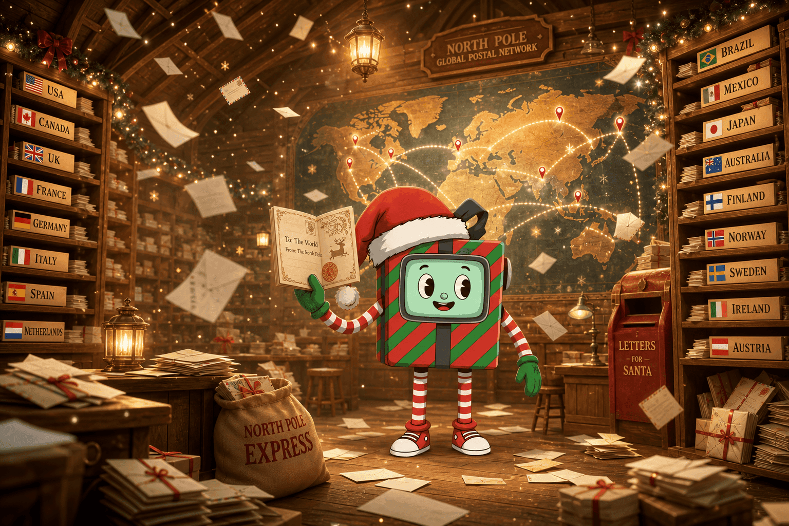 Jolly the JollyTrack mascot at the North Pole postal sorting room, surrounded by letters from 17 countries