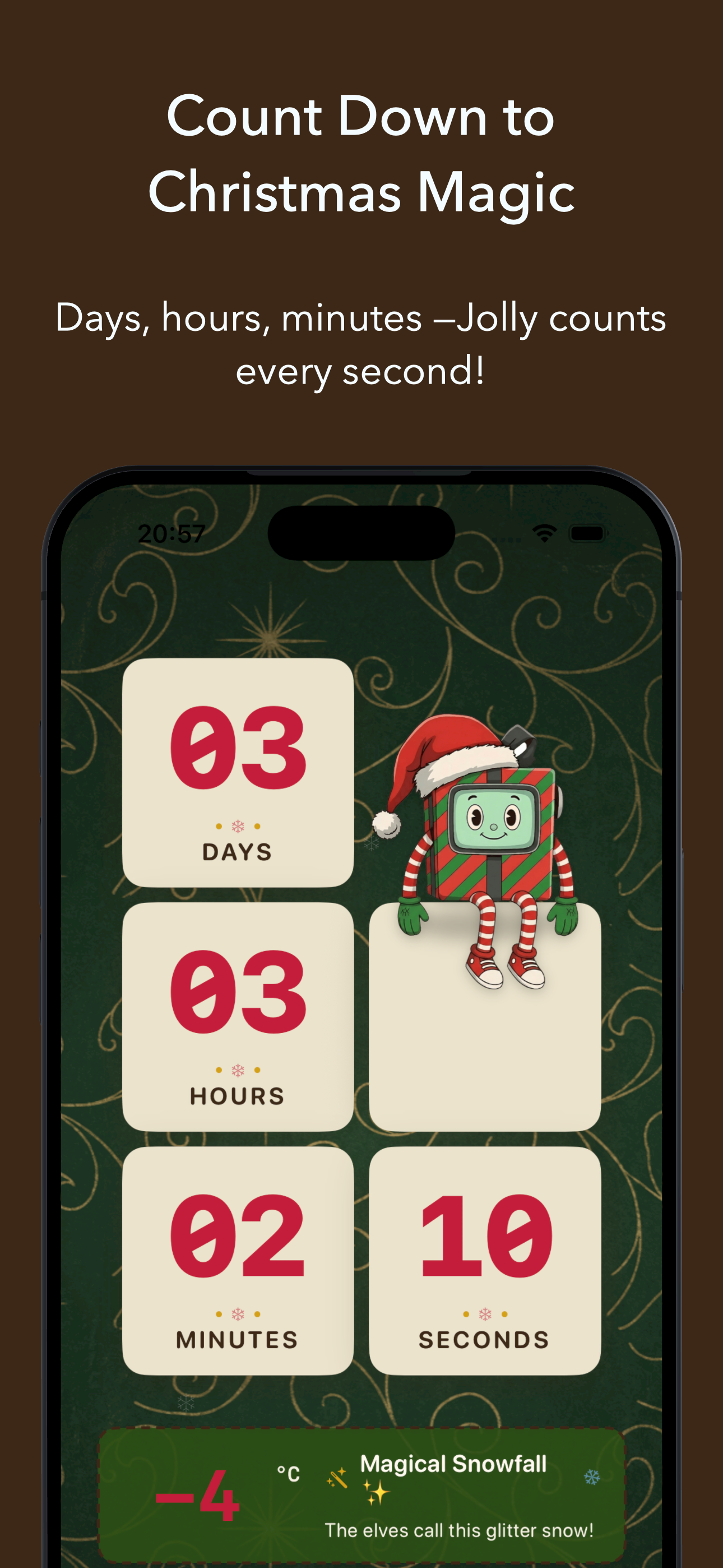 JollyTrack home screen showing Christmas countdown